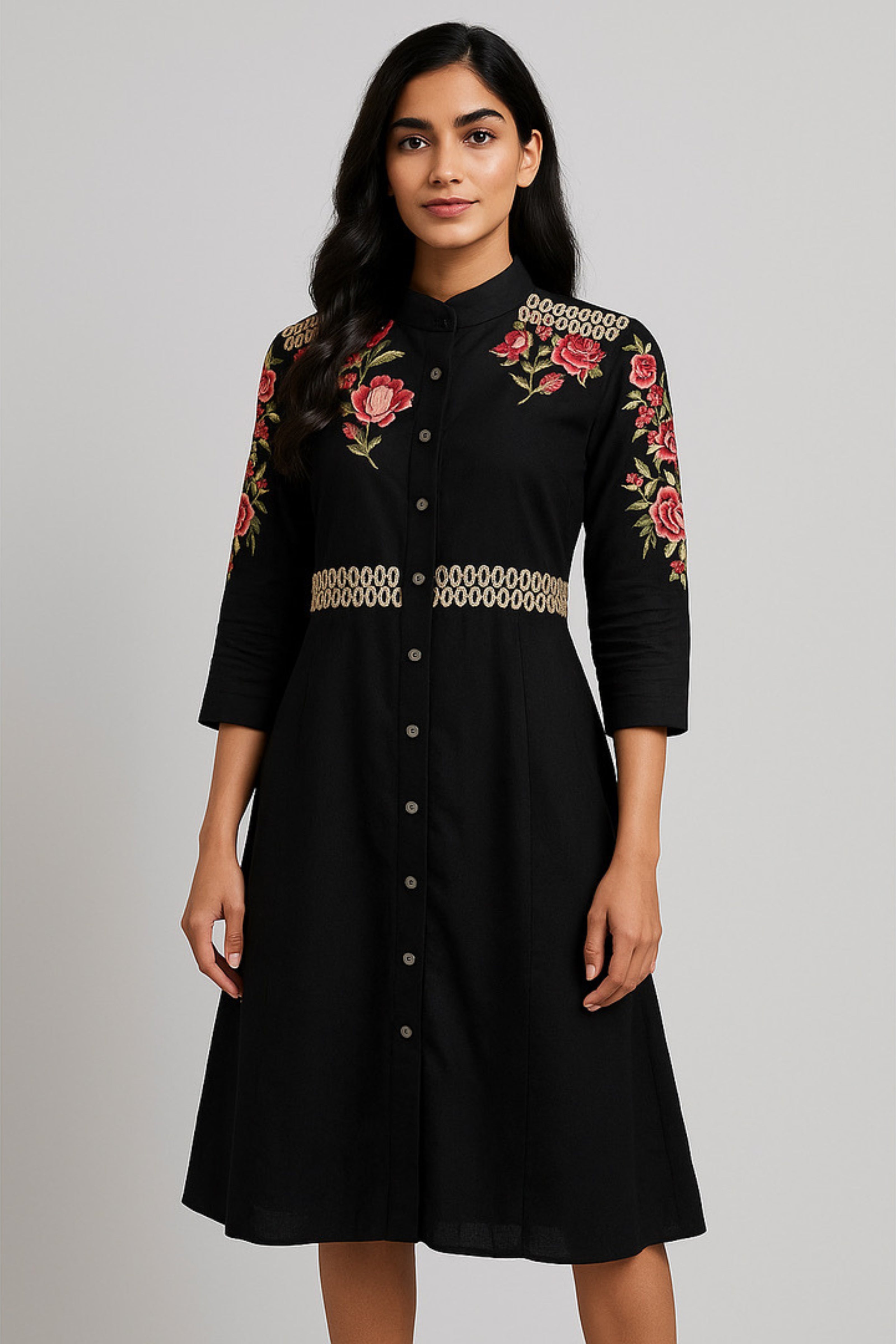 Elegant Black Embroidered A-Line Dress with Floral Detailing