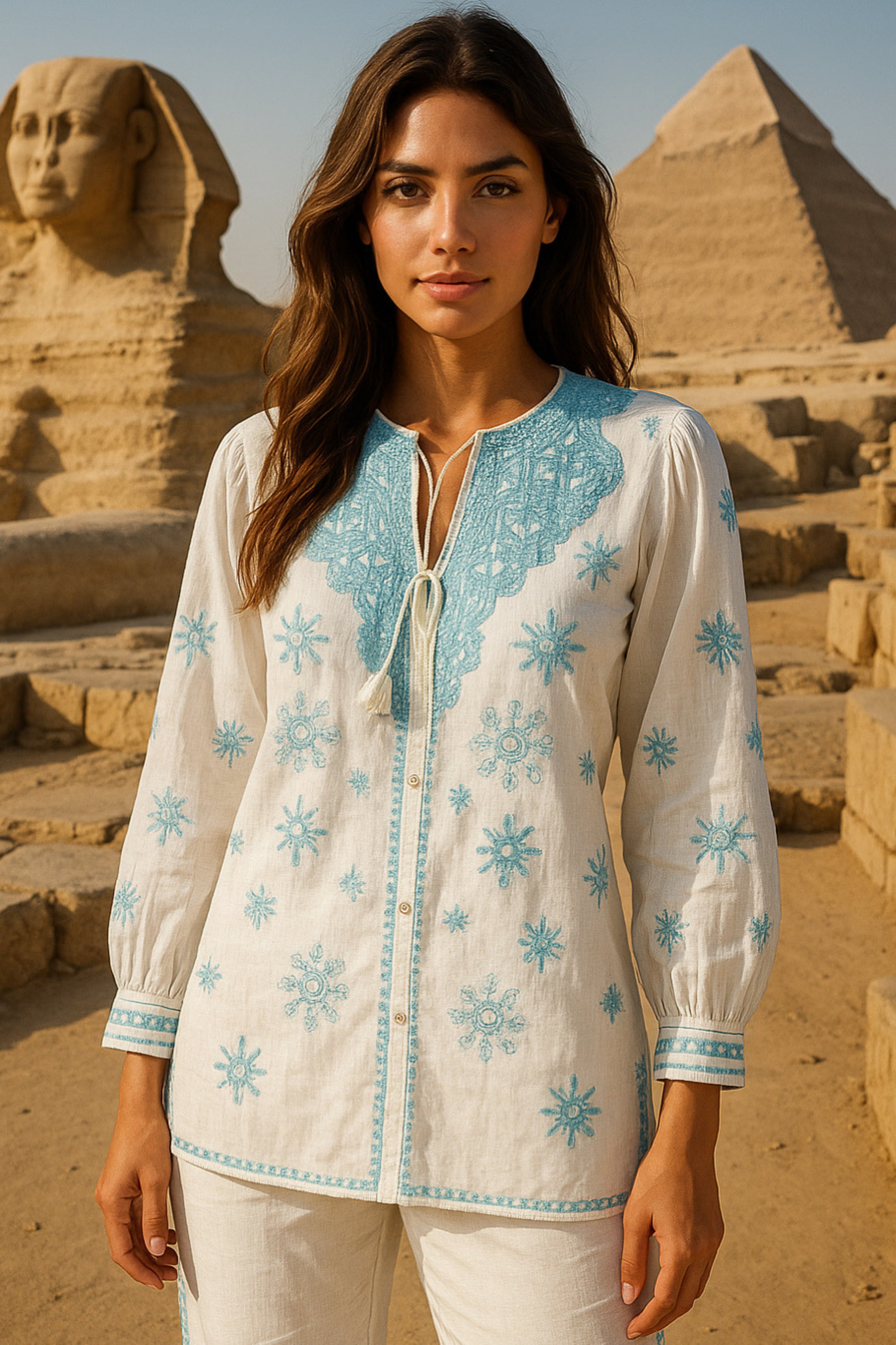 White & Aqua Embroidered Set with Tassels