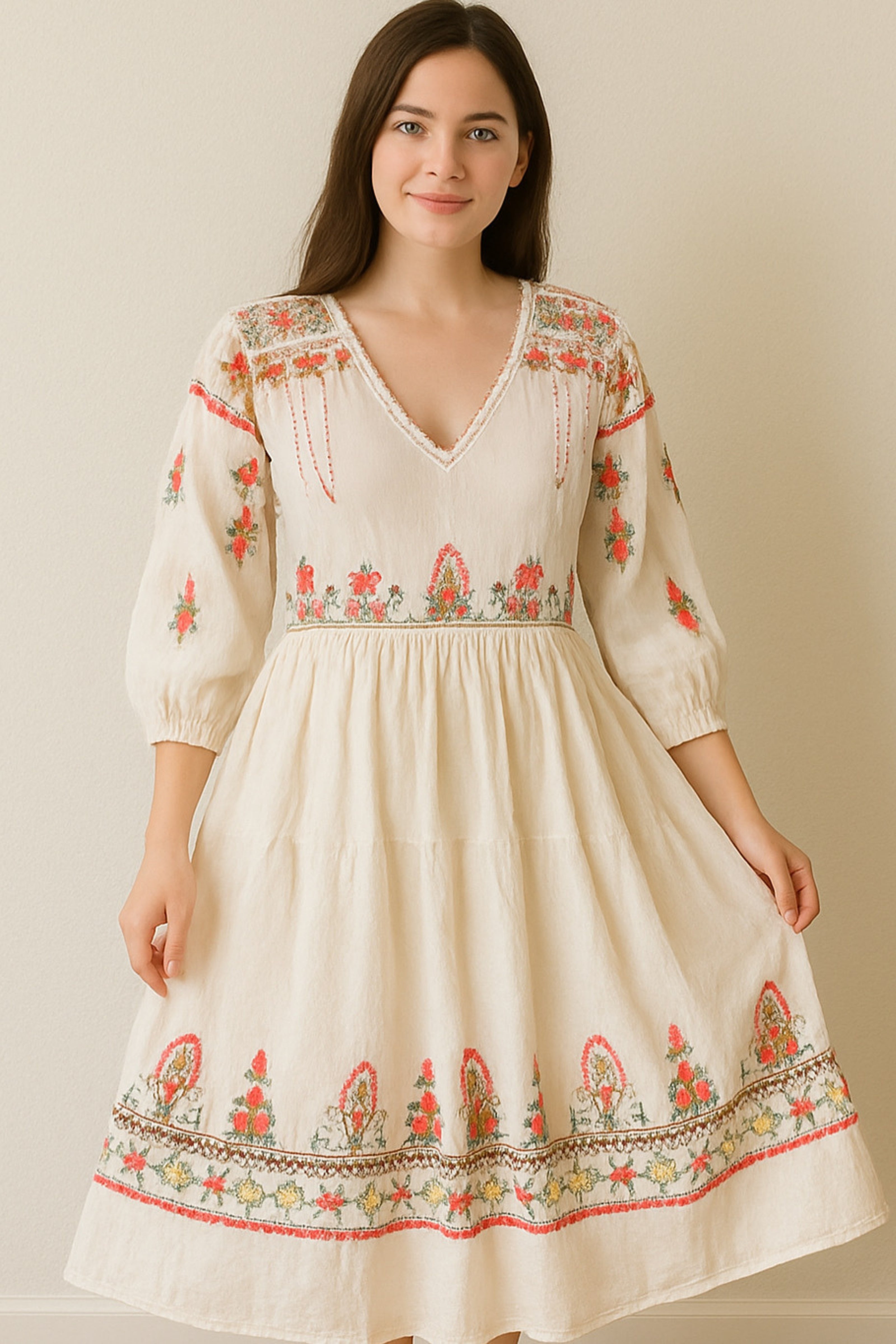 Cream Embroidered Boho Dress