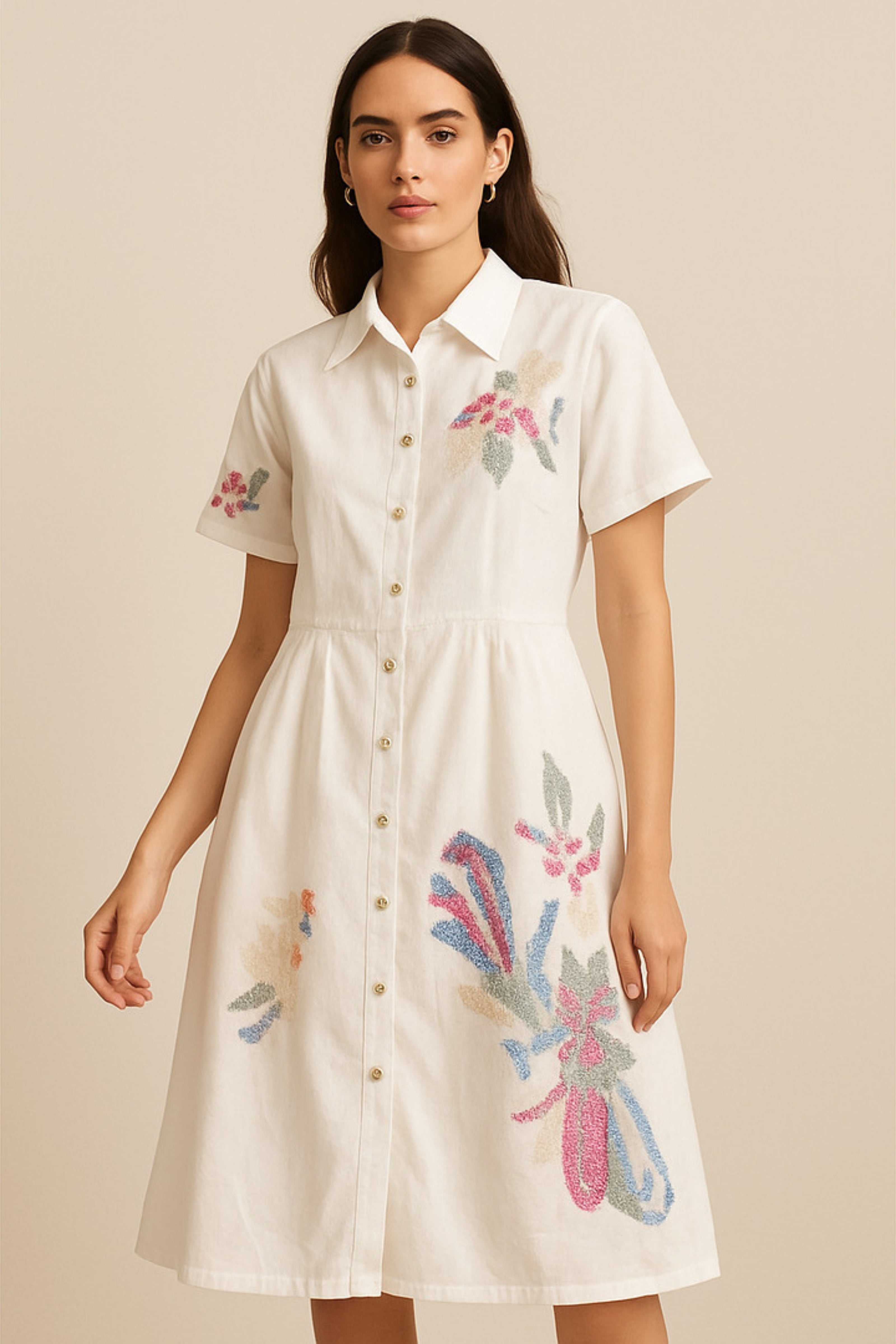 Chic White Floral Embroidered Shirt Dress